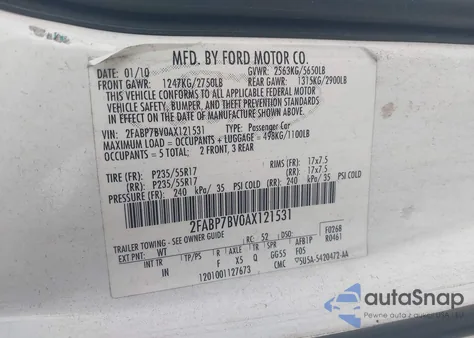 2010 Ford Crown Victoria Police/Police Interceptor from USA, damaged, VIN 2FABP7BV0AX121531